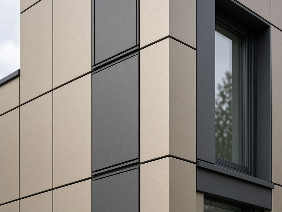 Close-up of champagne and graphite aluminum composite cassette panels on a ventilated facade.