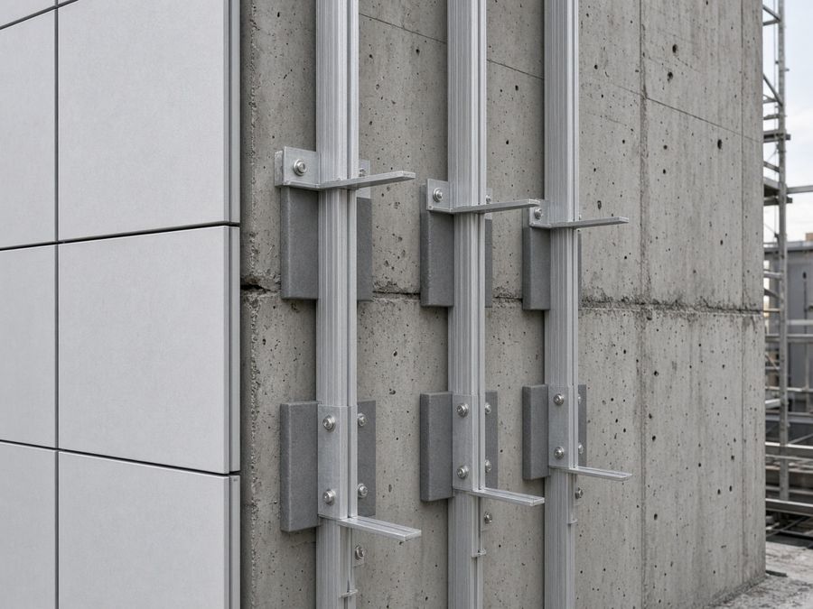 Aluminum facade rails, brackets and fasteners on a concrete wall with some panels already hung.