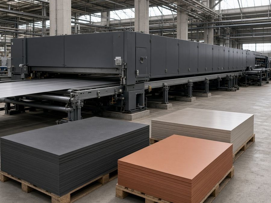 Coil-coating line processing an aluminum composite sheet, with stacks of finished facade panels.