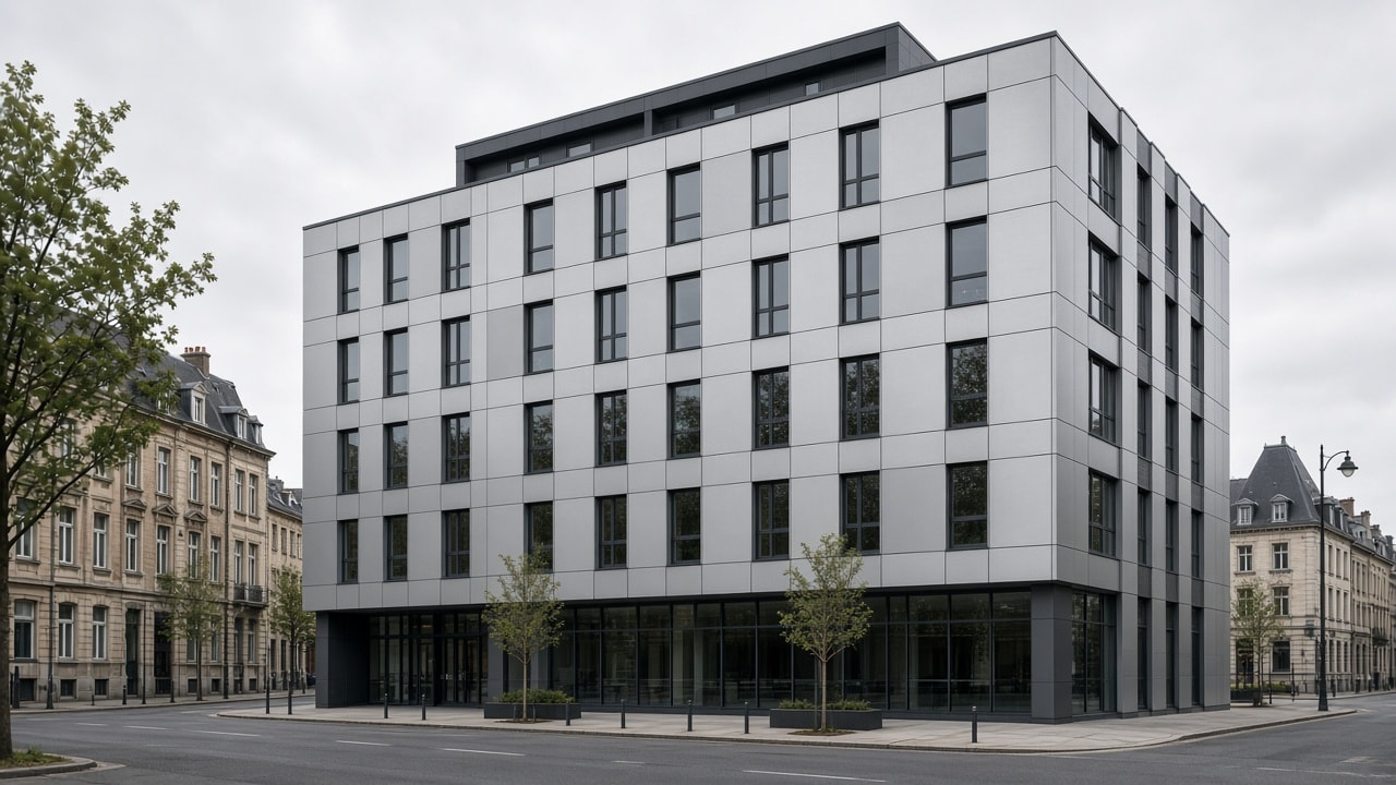 Modern commercial building clad in silver-grey aluminum composite panels with visible ventilated-facade joints.