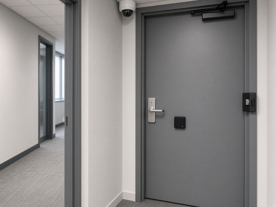 Office door with an access-control card reader, electric lock and a small dome camera.