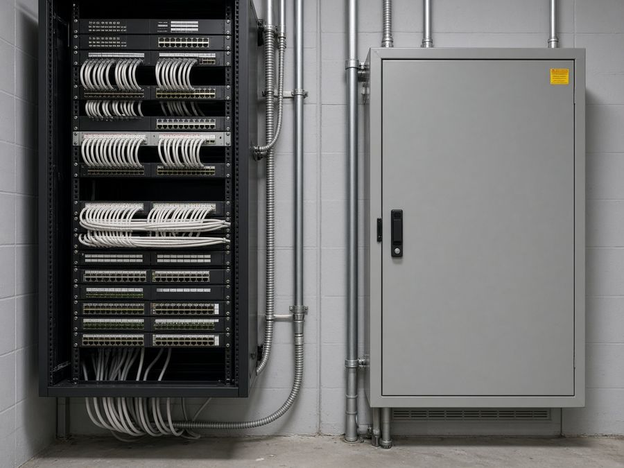 Building closet with structured network cabling, patch panels and an electrical cabinet.