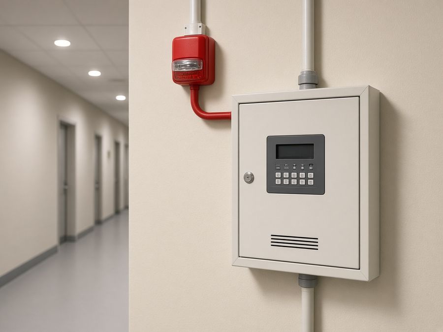 Wall-mounted fire detection and fire alarm control panel in a commercial corridor.