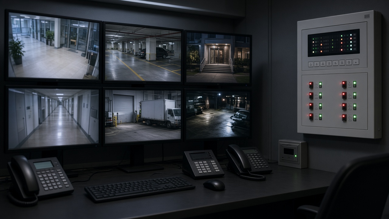 Commercial building security control room with CCTV monitors and an integrated alarm panel.
