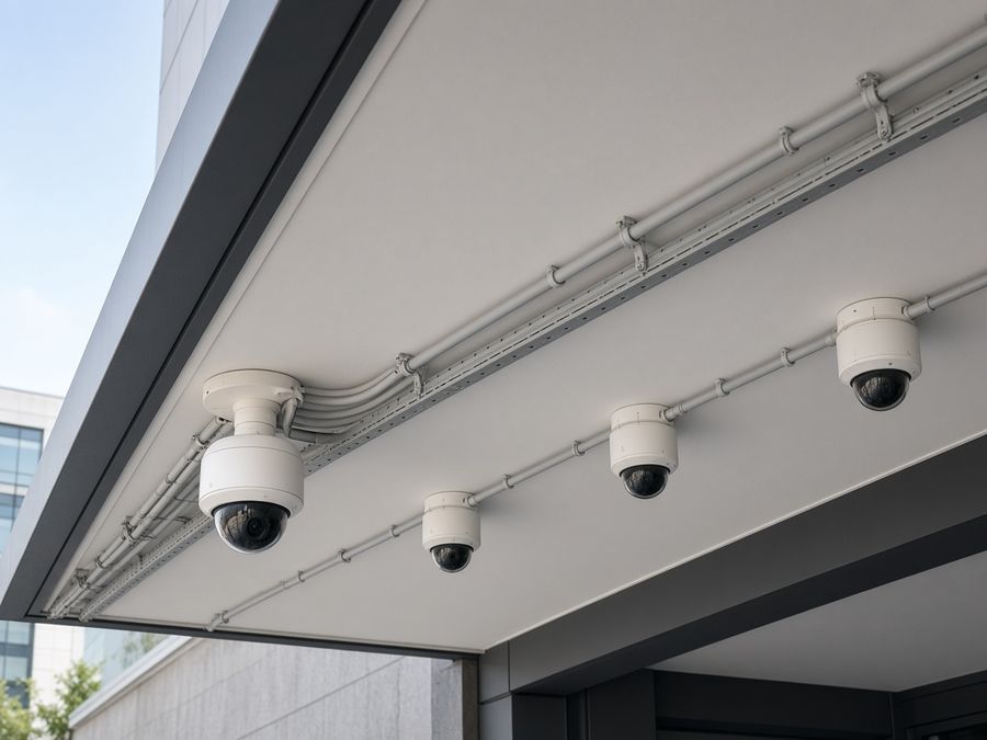 IP video surveillance cameras mounted under a commercial building canopy.