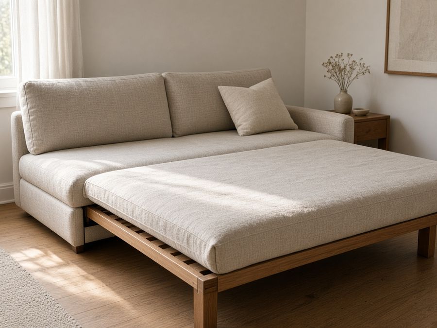 An oatmeal linen sofa bed opened to show the pull-out sleeping surface and wooden frame.