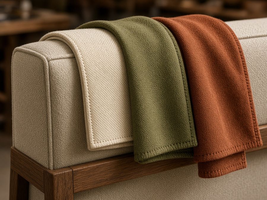 Cream, olive, and rust fabric draped over a partially upholstered sofa arm.