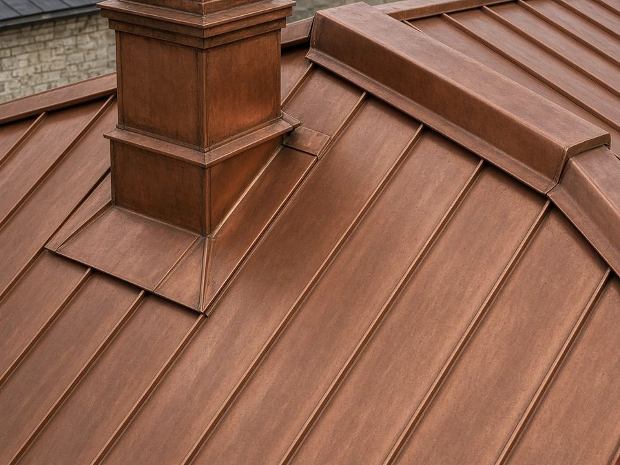 Copper standing-seam roofing with a copper chimney flashing and ridge cap.