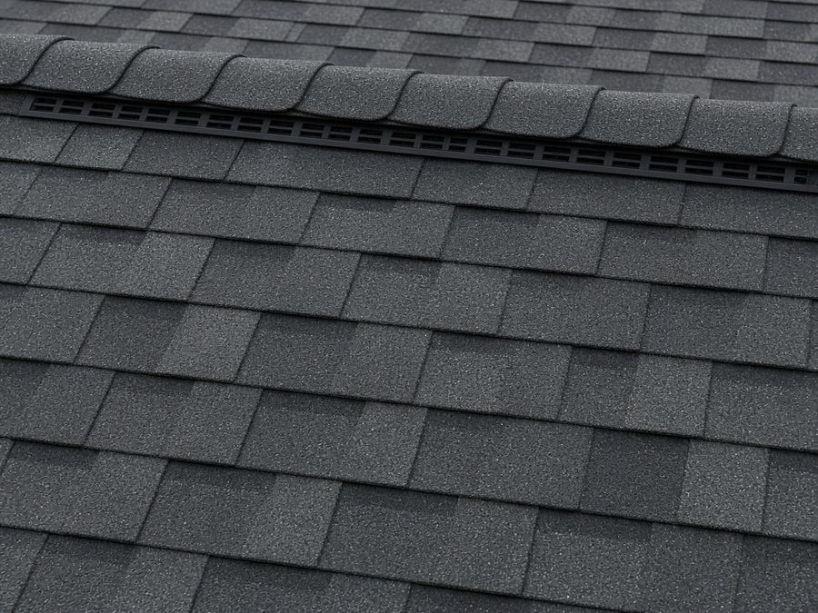 Charcoal flexible asphalt shingles in overlapping courses on a pitched roof.