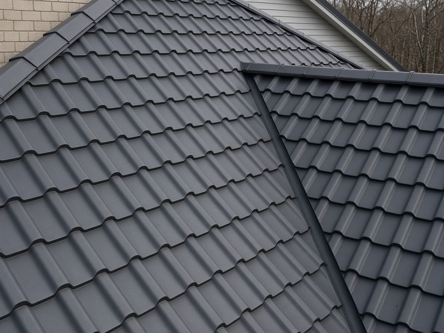 Dark graphite profiled metal roofing tiles on a residential roof.