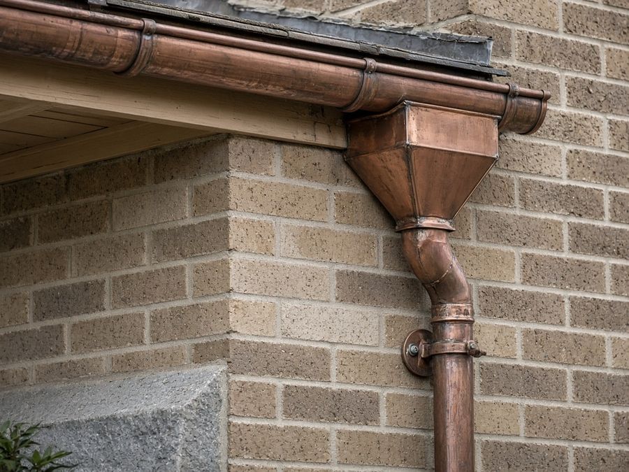 Copper gutter, hopper and downpipe on a masonry eaves.