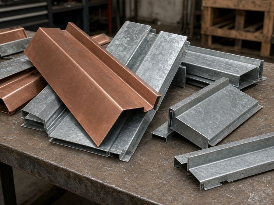 Fabricated copper and galvanized steel roof flashings, drip edges and valley pieces on a workbench.
