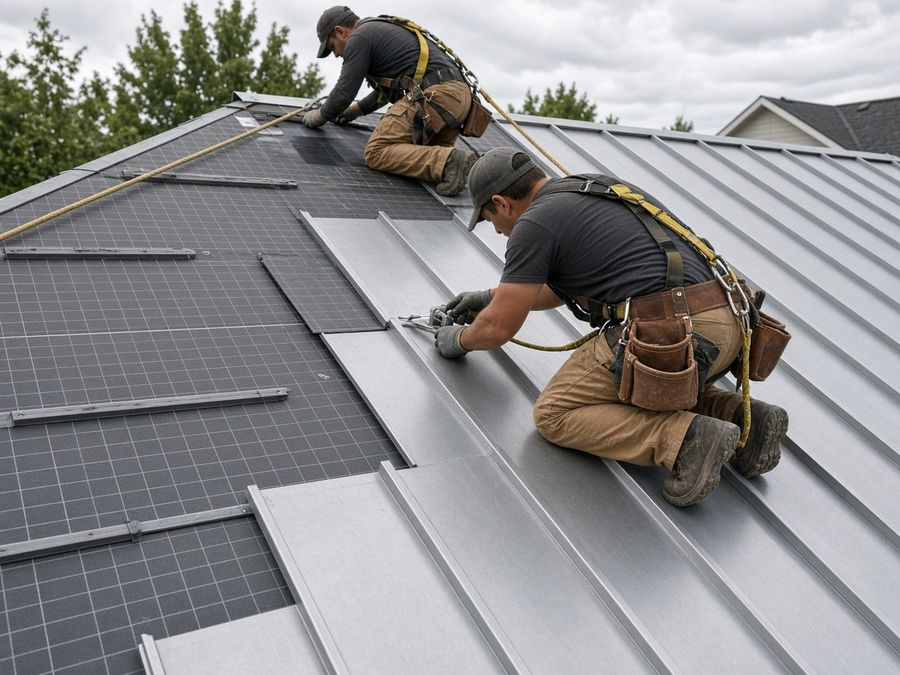Roofers installing standing-seam metal panels on a pitched roof with underlayment visible.