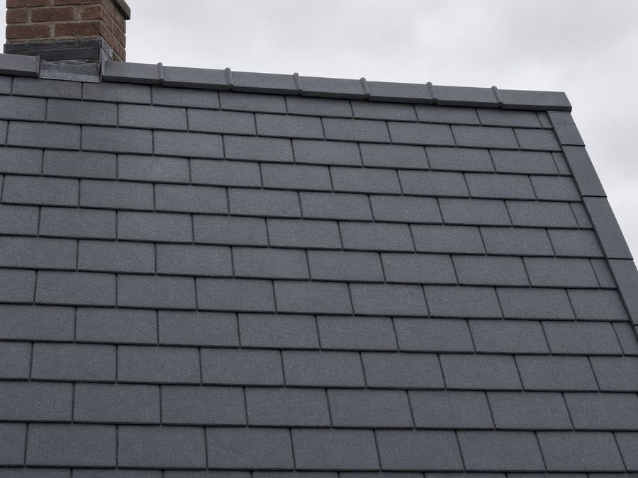 Dark corrugated slate-style roof covering on a pitched residential roof.