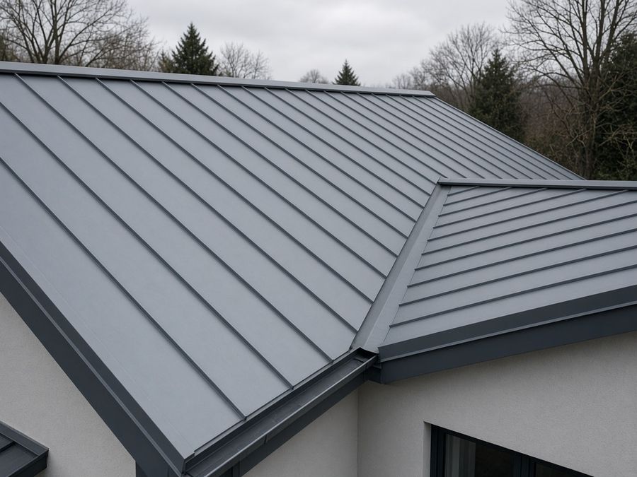 Matte grey zinc standing-seam roof panels on a modern house.