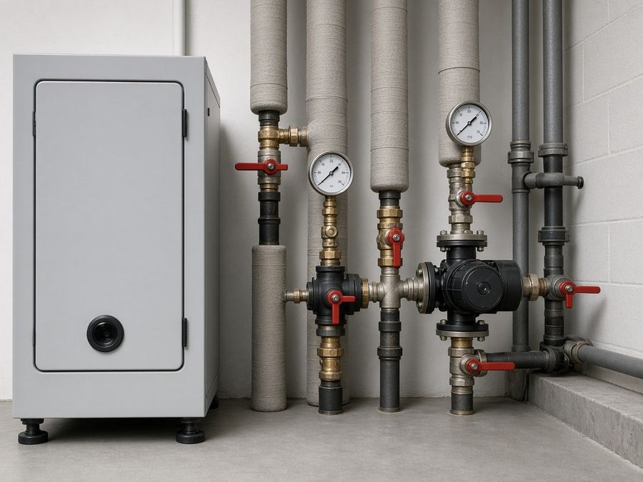 Floor-standing heating cabinet beside insulated risers, red-handled valves, gauges, and a circulation pump.