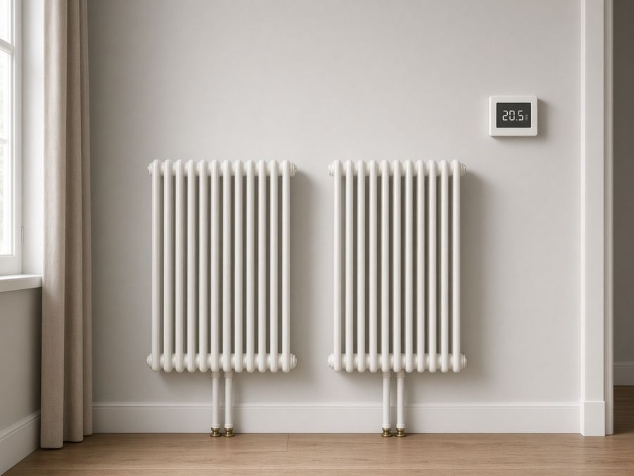 Two column radiators with pipe drops and a wall thermostat in a house interior.
