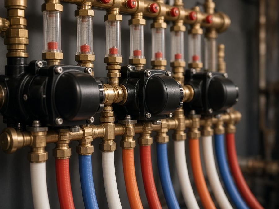 Heating manifold with circulation pumps, flow meters, and color-coded distribution loops.