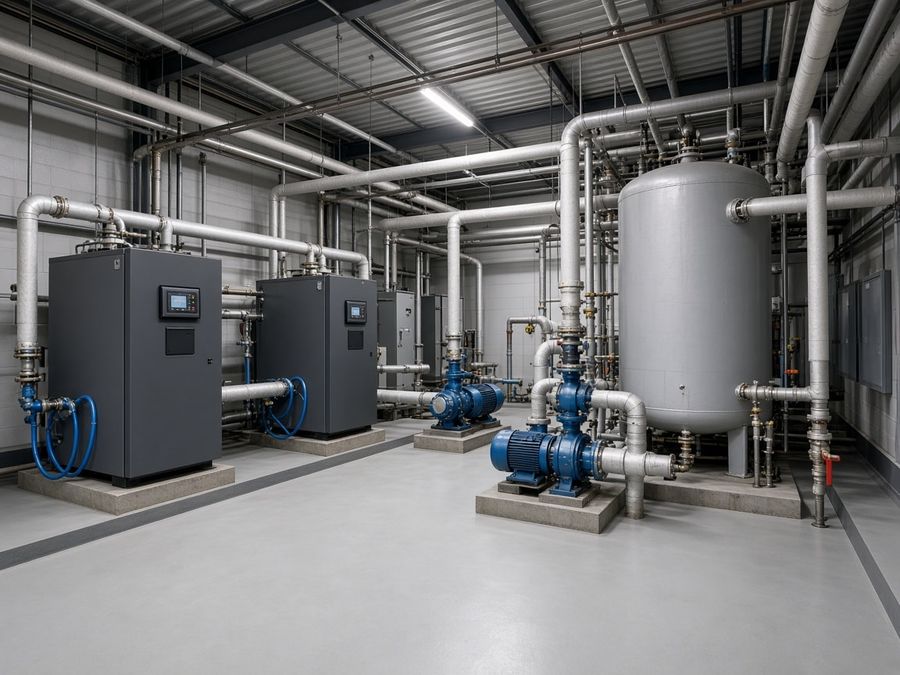 Commercial heating plant with two boilers, circulation pumps, a buffer vessel, and overhead pipe racks.