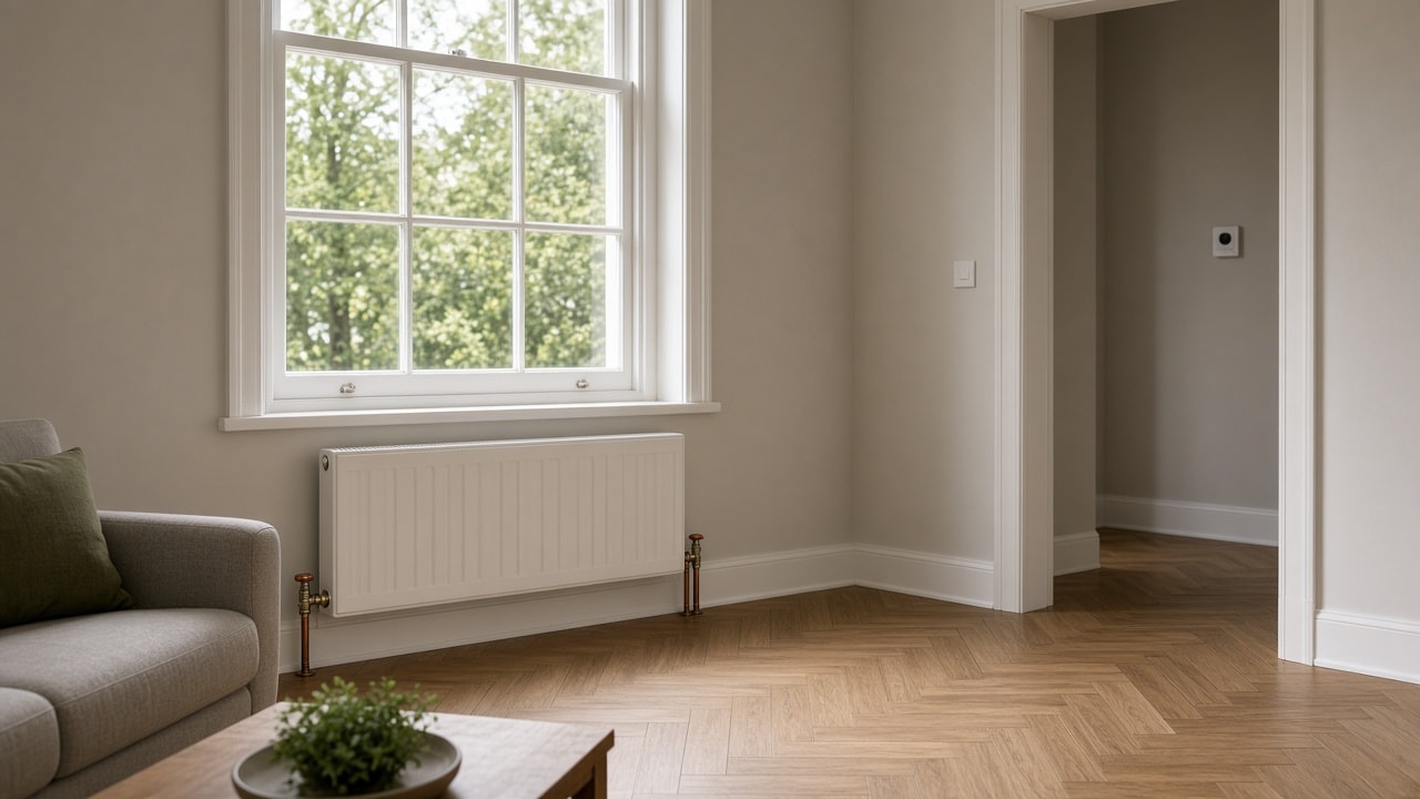 White panel radiator under a sash window in a living room, with visible pipe connections.