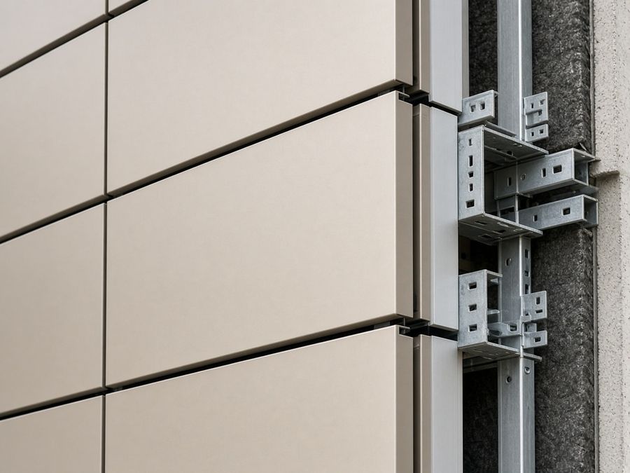 Corner detail of champagne aluminum composite cassettes with the aluminum subframe and insulation visible at an unfinished edge.