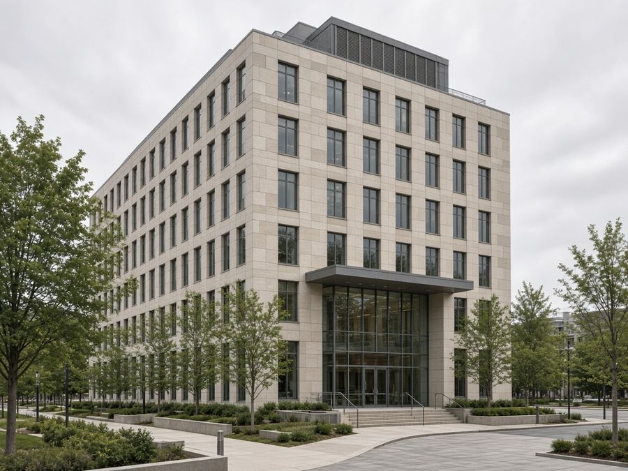 Campus building fully clad in light limestone ventilated stone facade panels with a glass entrance.