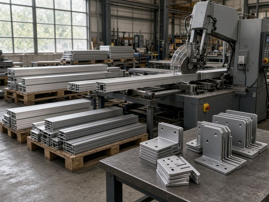 Facade workshop with stacked aluminum brackets, rails and cut mounting profiles on pallets and a workbench.