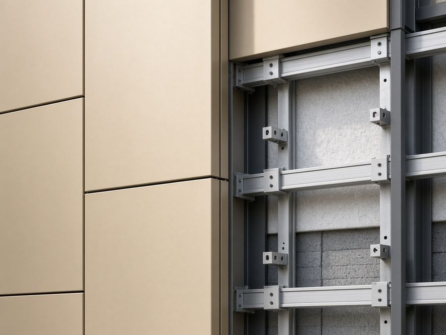 Champagne aluminum composite cassettes with aluminum rails, brackets and insulation visible at an unfinished bay.