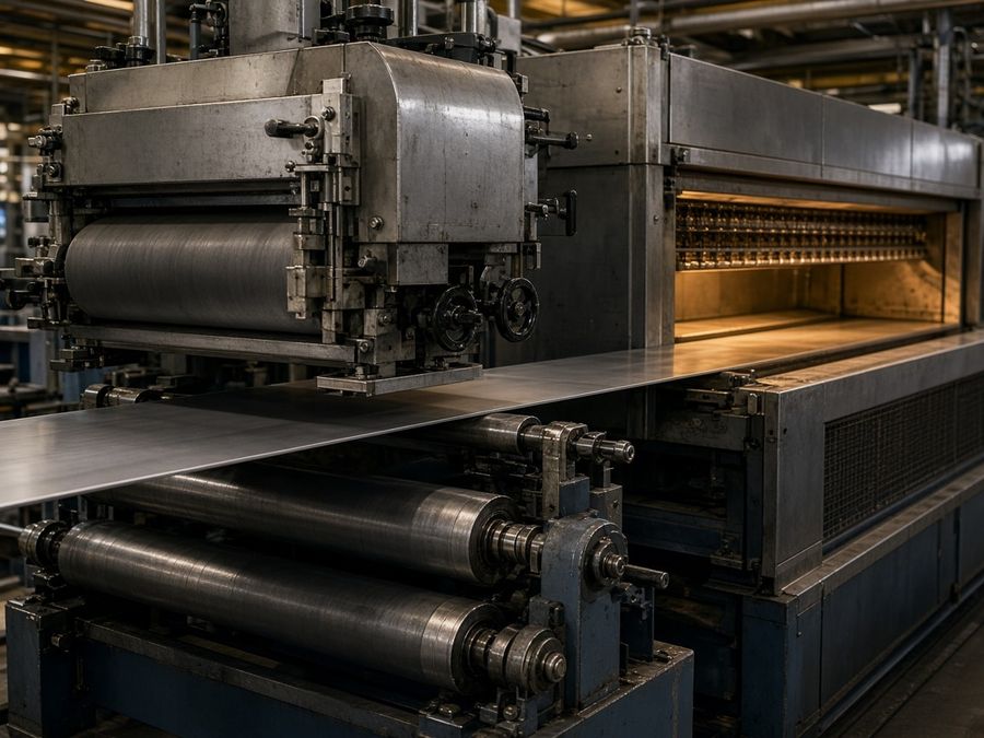 Coil-coating and finishing equipment processing aluminum composite sheet on an industrial production line.