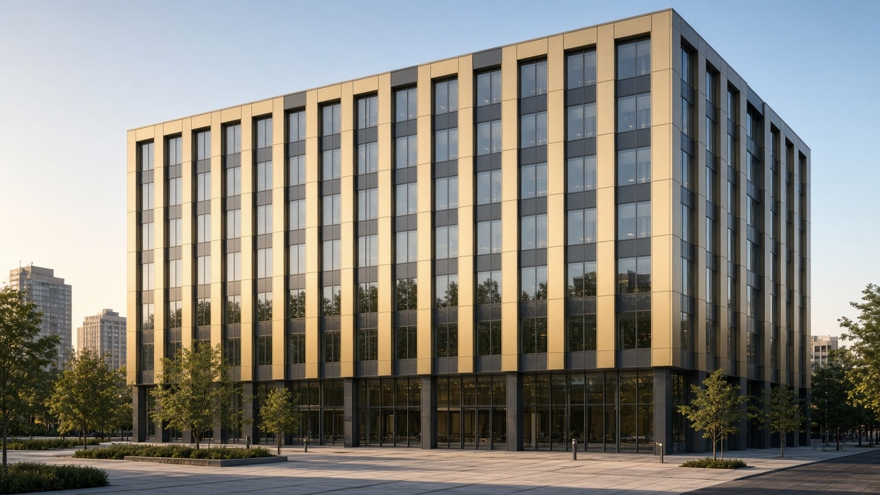Large contemporary commercial tower with a champagne and graphite aluminum composite cassette facade.