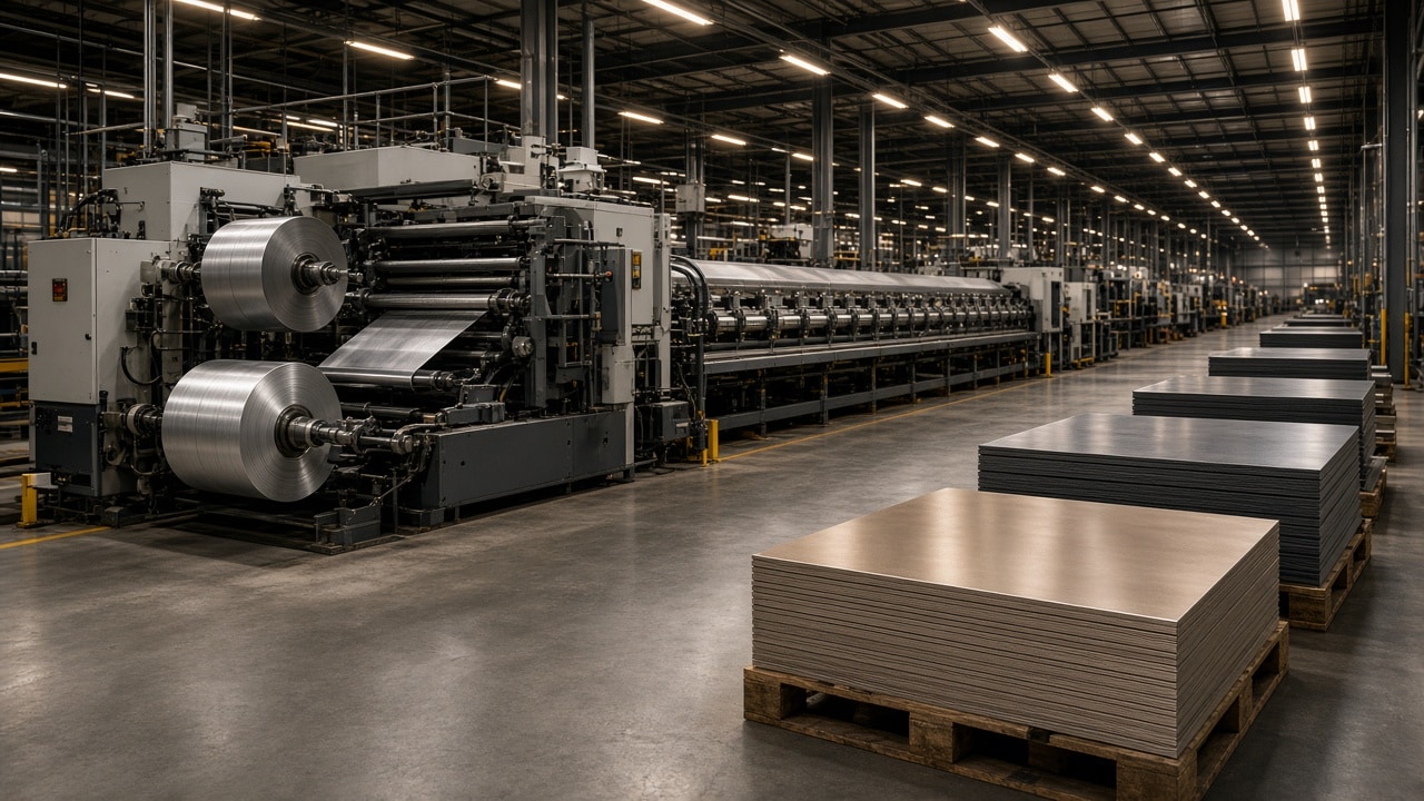 Aluminum composite panel production hall with a coil-coating line and stacks of finished facade panels.