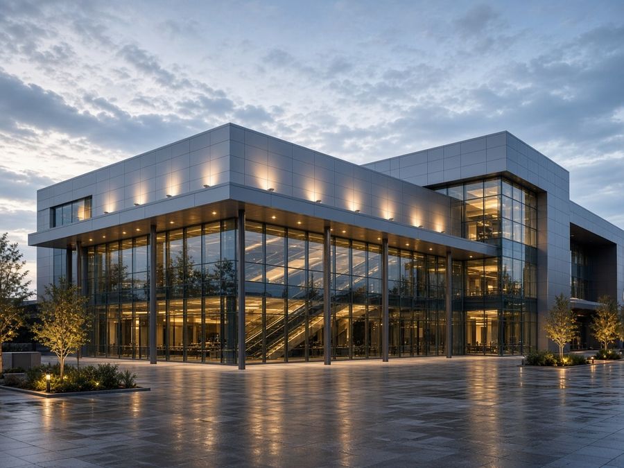 Large modern retail building combining glass curtain wall and silver-grey aluminum composite cassette cladding.