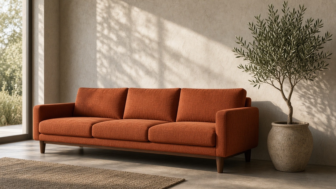A three-seat sofa in rust-orange fabric with walnut legs, in a sunlit living room.