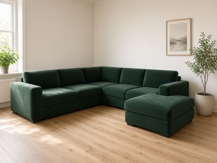 A forest-green L-shaped sectional sofa with a chaise in a bright apartment.