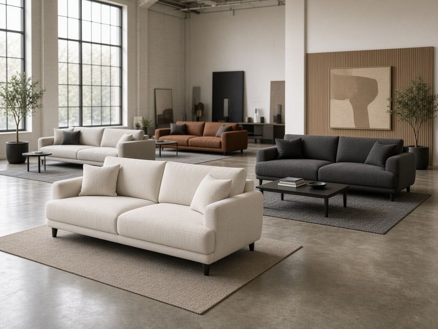 A furniture showroom with several sofas in cream, rust, and charcoal.