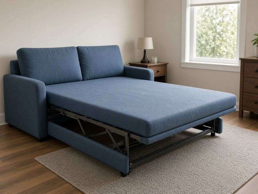 A blue sofa bed opened to show the pull-out sleeping surface and the frame.