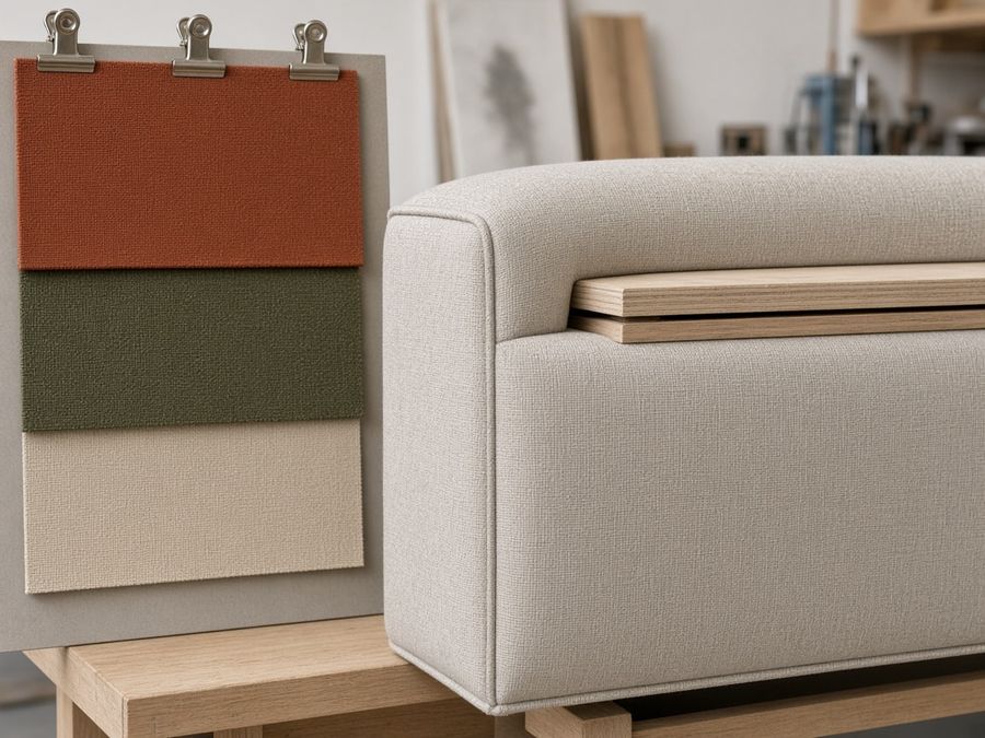 Fabric swatches in rust, green, and sand beside a partially upholstered sofa arm.