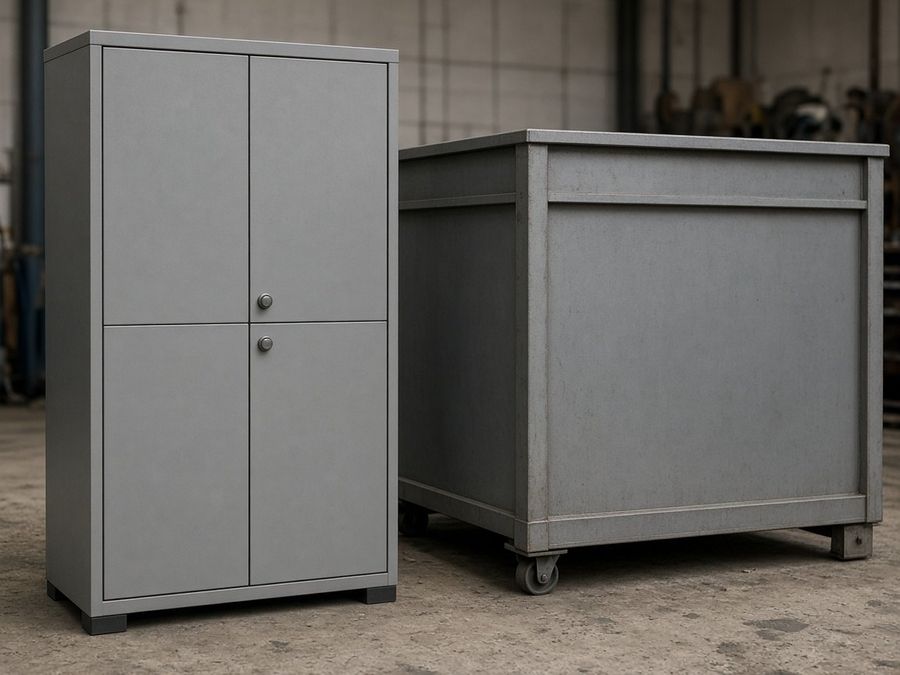 A gray metal cabinet beside a large metal container on wheels.