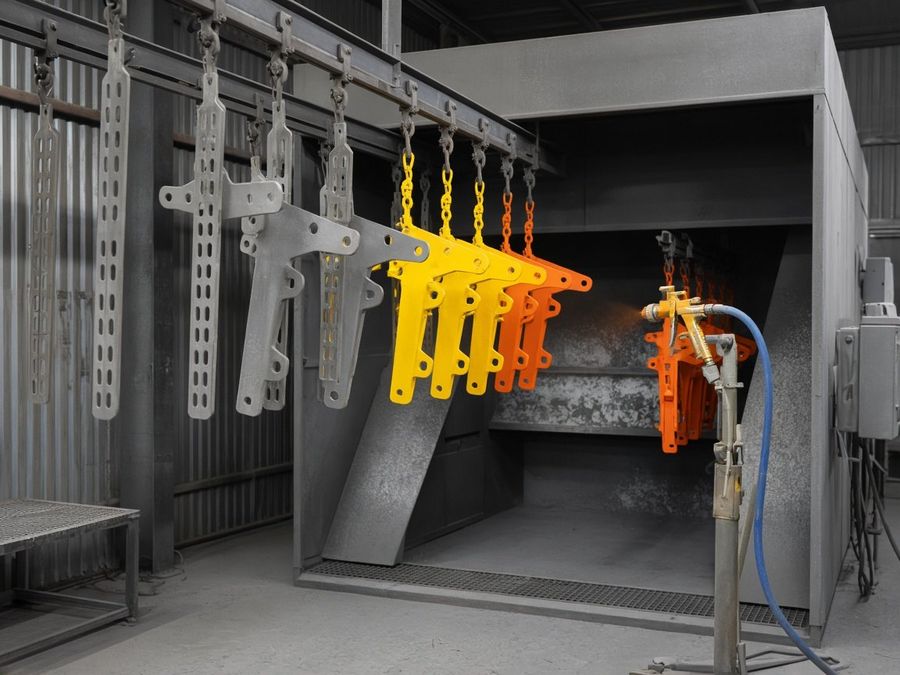 Metal parts on a conveyor, some powder-coated yellow and orange, beside a spray booth.