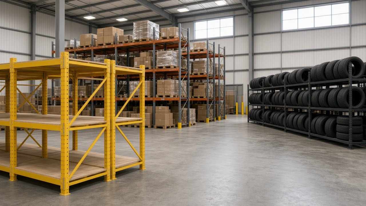 Yellow metal shelving, pallet racking, and tire racks in a warehouse.