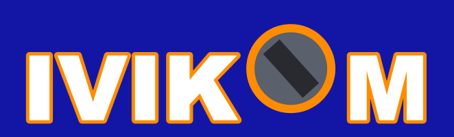 IVIKOM logo: white letters with an orange outline on a blue bar, and a circled mark in place of the O.