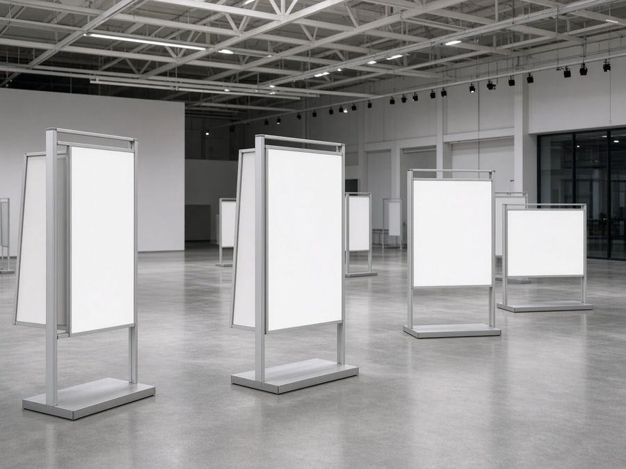 Freestanding metal display stands with blank panels in an empty hall.