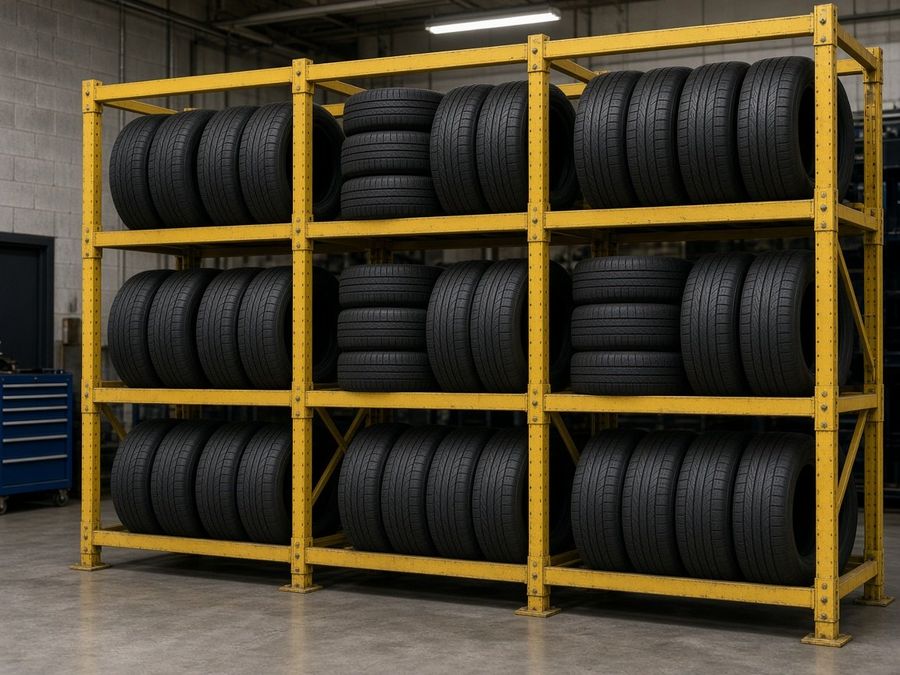 Car tires stored on a yellow metal rack in a workshop.