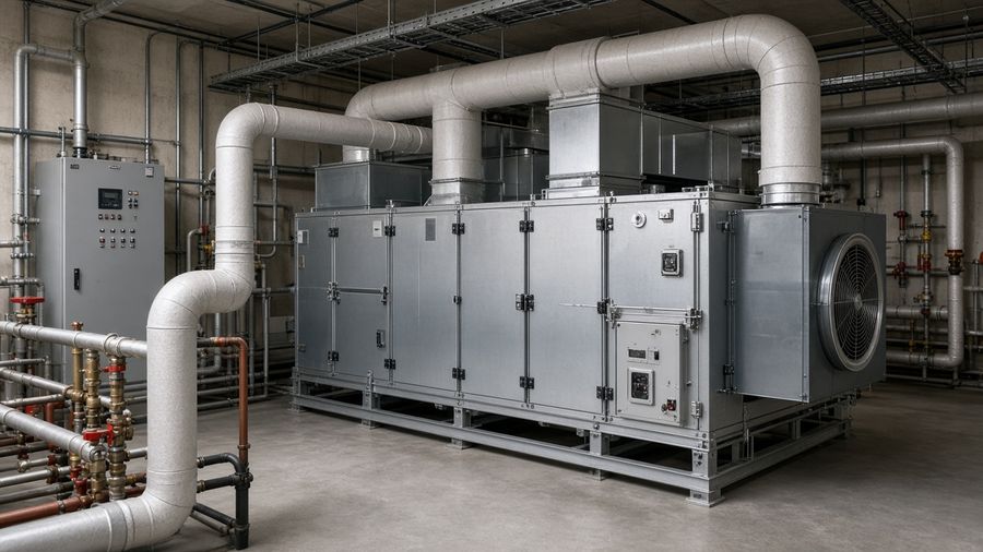 Air-handling plant with insulated ducts, piping and an electrical control cabinet.