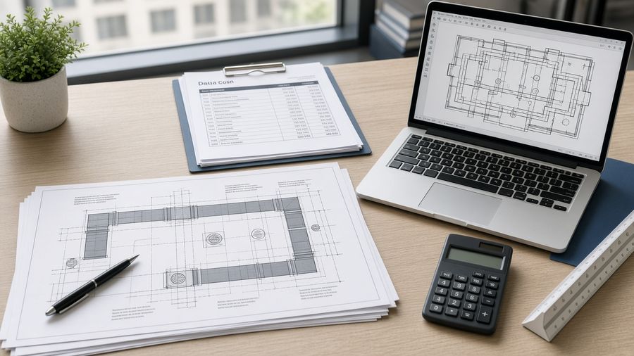 Engineering desk with HVAC drawings, a printed estimate and a duct-layout diagram on a laptop.