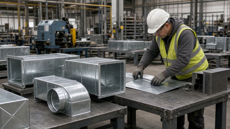 Workshop fabricating rectangular galvanized steel ventilation air ducts and fittings.