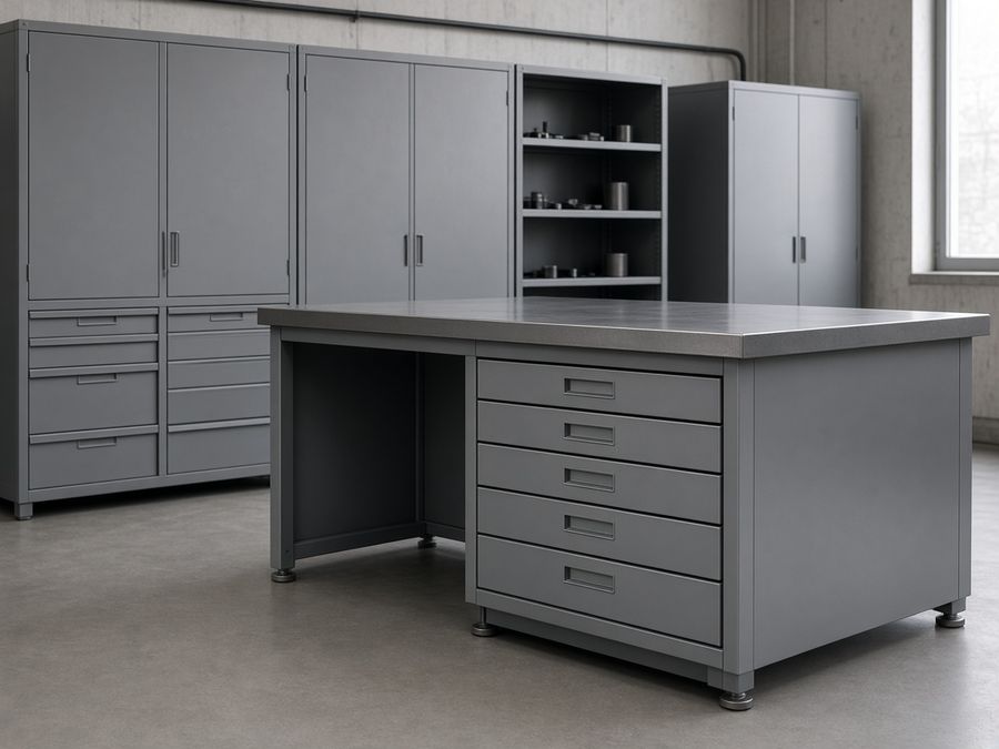 Grey metal cabinets and a steel workbench in a workshop.