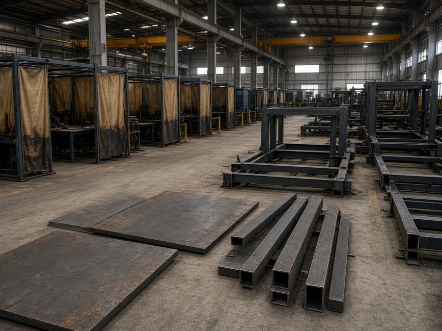 A fabrication floor with plate steel, tube, welding booths, and assembled frames.