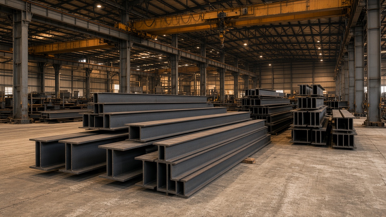 Structural steel beams and columns on the floor of a fabrication bay.