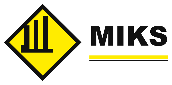 MIKS logo: a yellow diamond with a black structural mark beside the name MIKS.